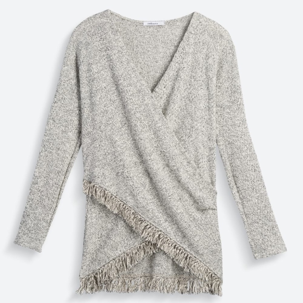 Faux Wrap Sweater with Fringe